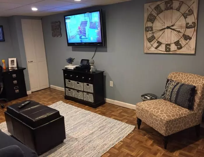 interlocking floor tiles wood basement project in Massachusetts