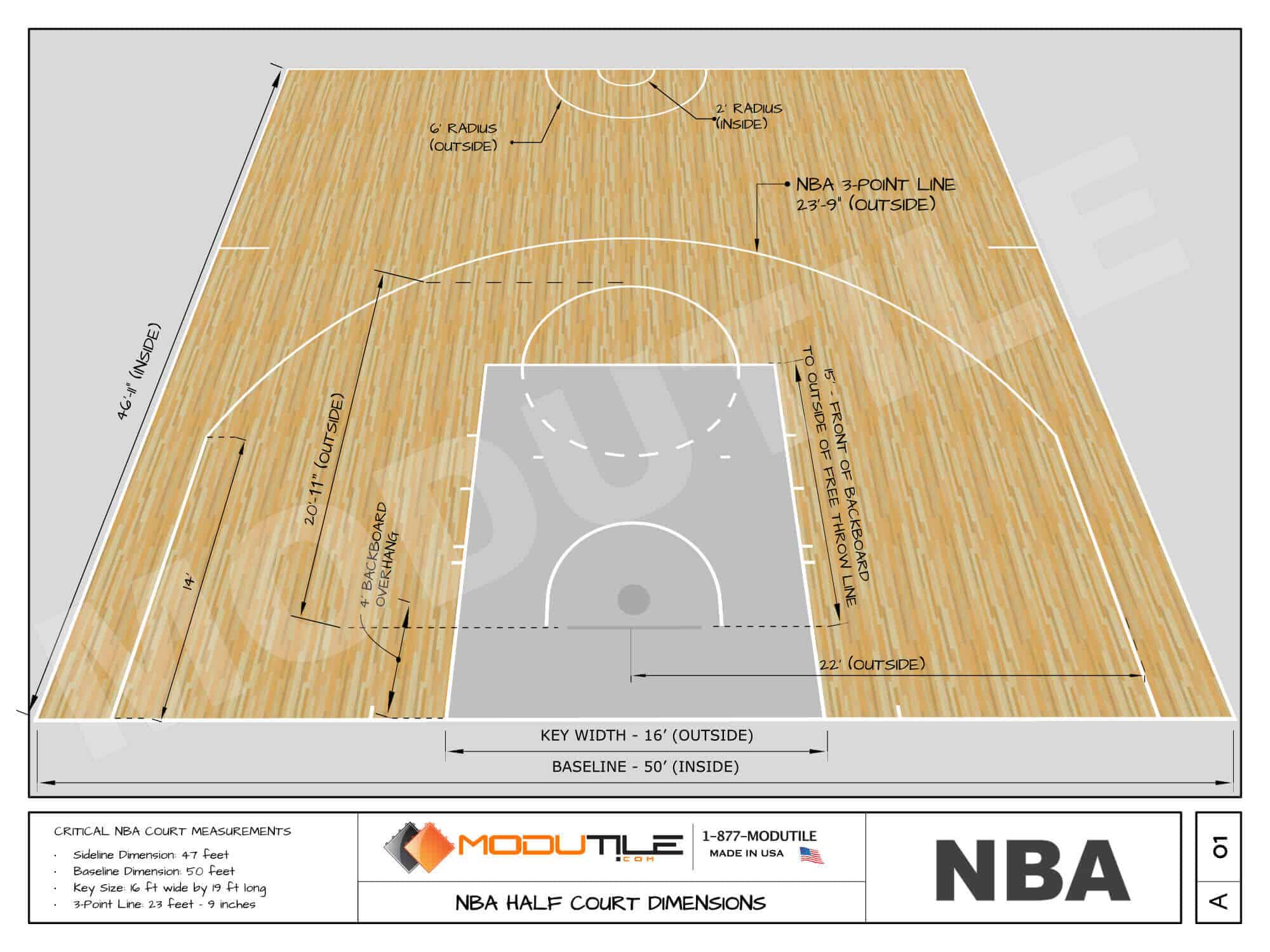 NBA Basketball Half Court Dimensions Drawing