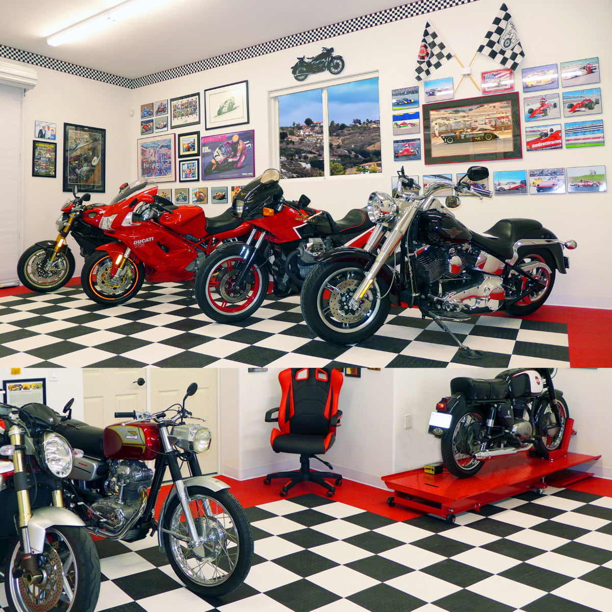 Motorcycle bikes with our Coin black, white and red garage tiles.