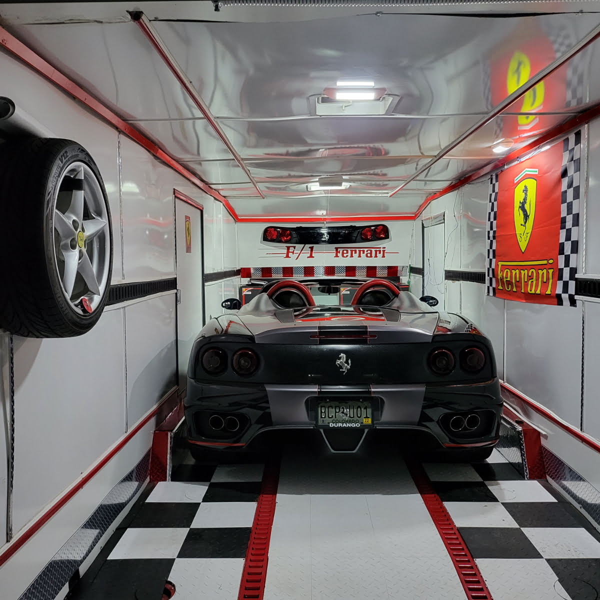 diamond tiles inside a Ferrari trailer