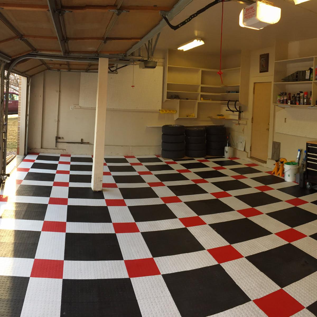 Garage Pattern with our Coin Black, Red and White Interlocking tiles.