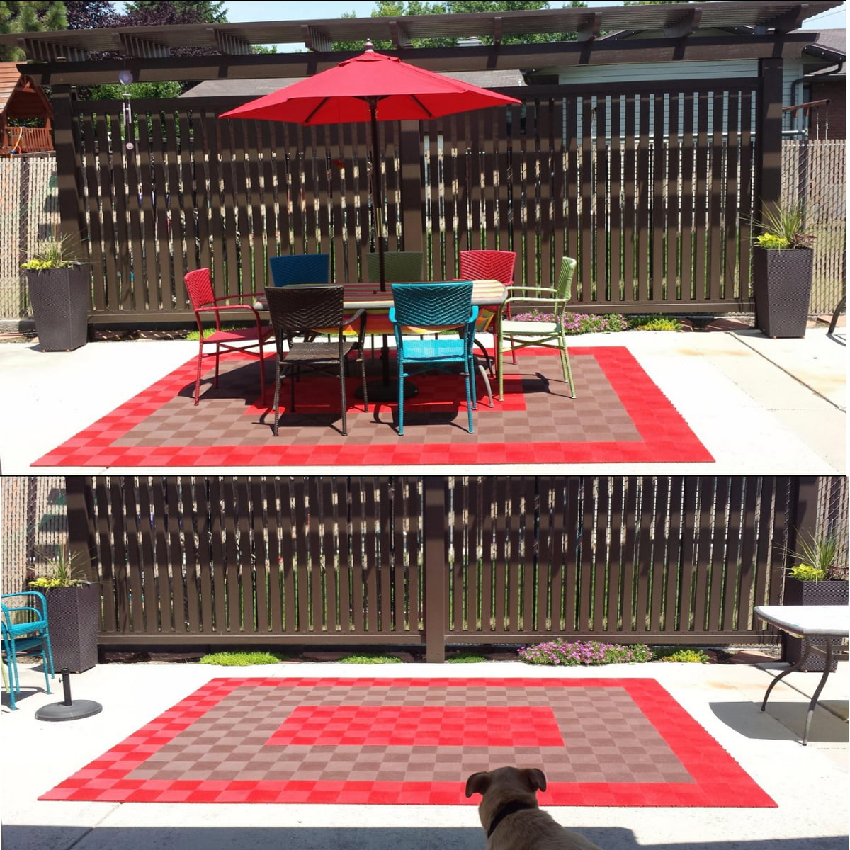 Patio Tile mat with perforated brown and red.